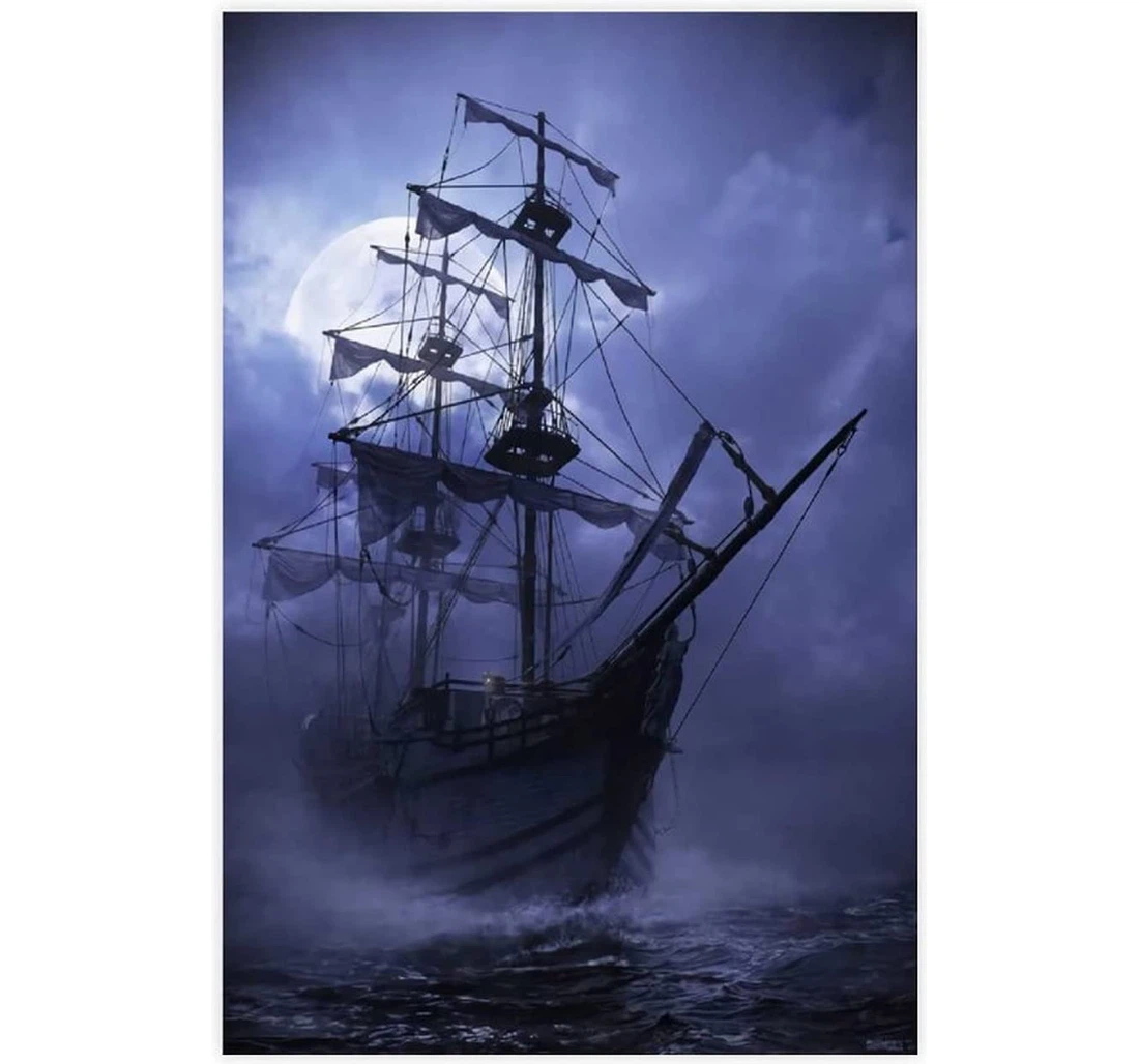 Personalized Poster, Canvas - Pirate Ship Full Moon Print Framed Wall Art