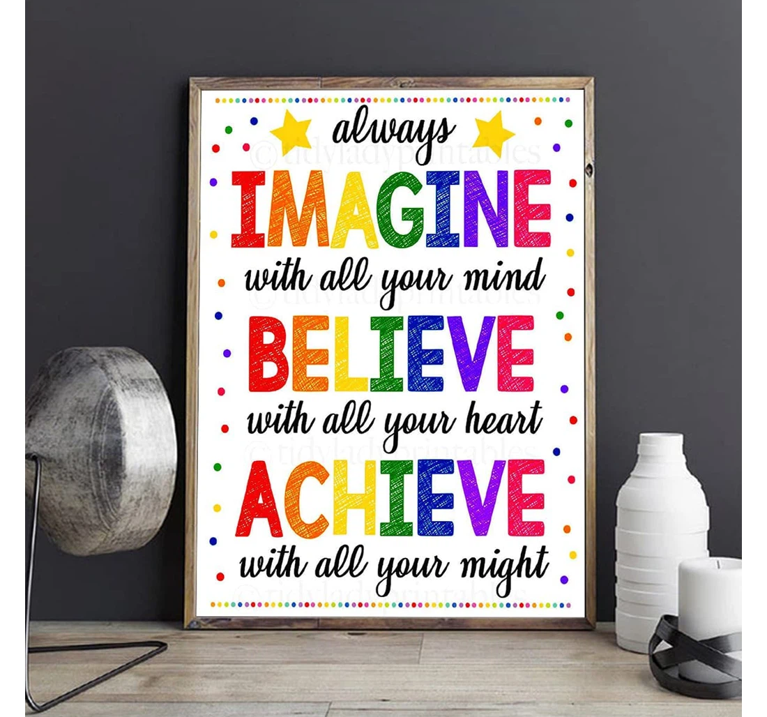 Personalized Poster, Canvas - In This Imagine Believe Achieve Quotes School Teacher Print Framed Wall Art