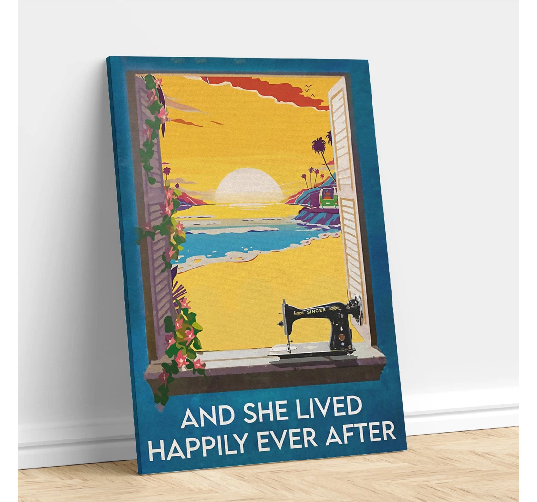 Personalized Poster, Canvas - Sewing And Beach View She Lived Happily Ever After Print Framed Wall Art