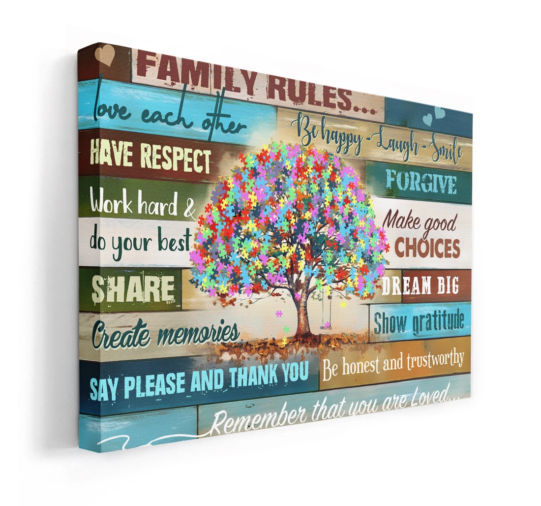 Personalized Poster, Canvas - Autism Famiy Rules Be Happy Laugh Smile Print Framed Wall Art