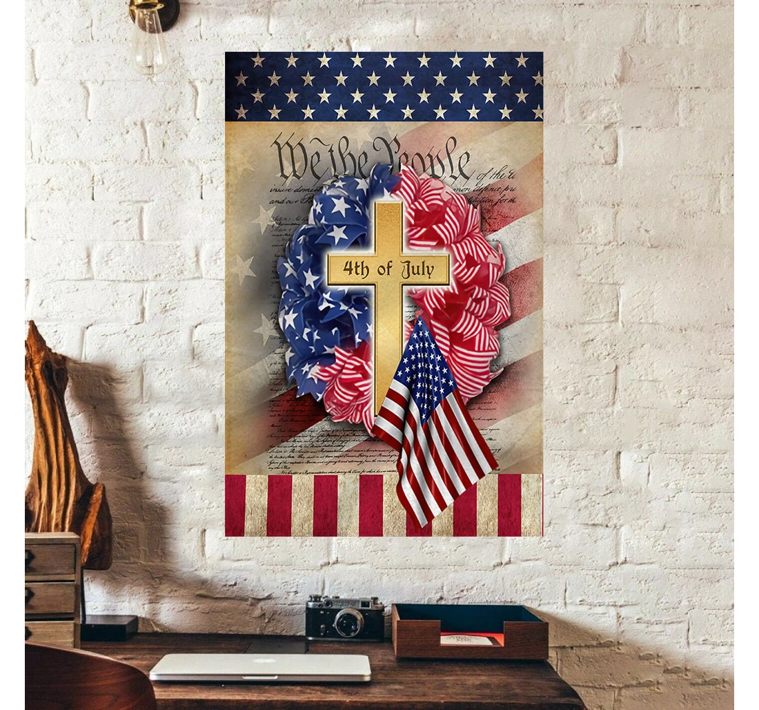 Personalized Poster, Canvas - Jesus Cross American Independence Day 4th Of July Print Framed Wall Art