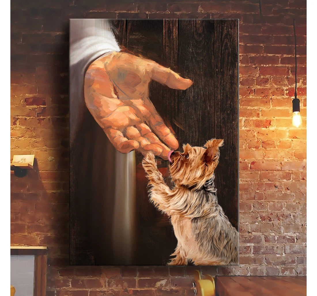 Personalized Poster, Canvas - Jesus Yorkshire Terrier In The Hand Of God Portrait Print Framed Wall Art