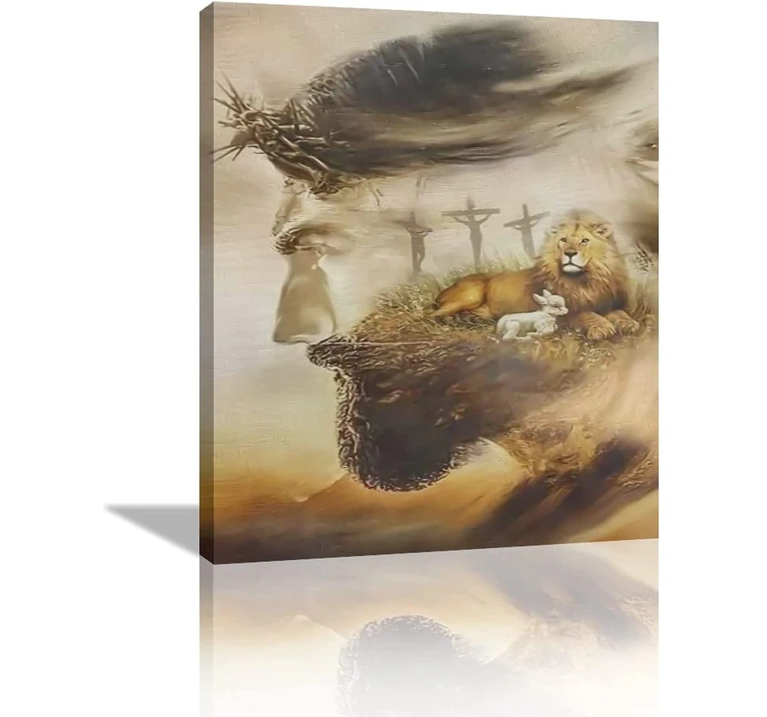 Personalized Poster, Canvas - Jesus Beautiful Lion And Lamb Jesus Christ The Cross Print Framed Wall Art