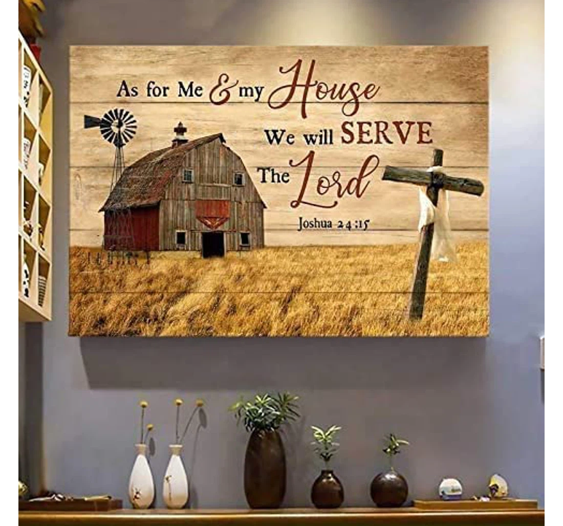Personalized Poster, Canvas - Cross Old Barn As Me And My House We Will Serve The Lord Print Framed Wall Art