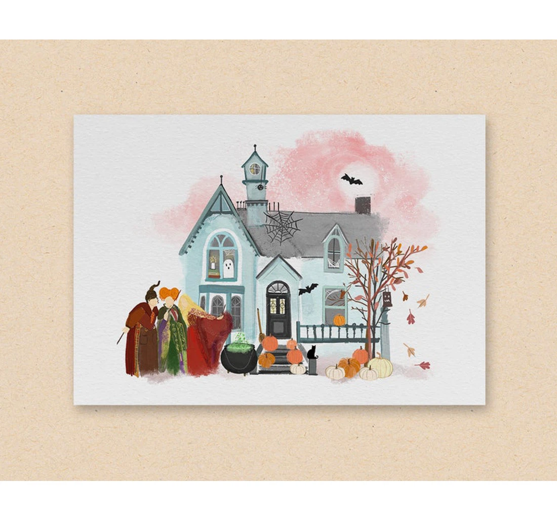 Personalized Poster, Canvas - Hocus Pocus A Spooky Haunted House Illustration Featuring The Sanderson Sisters Print Framed Wall Art