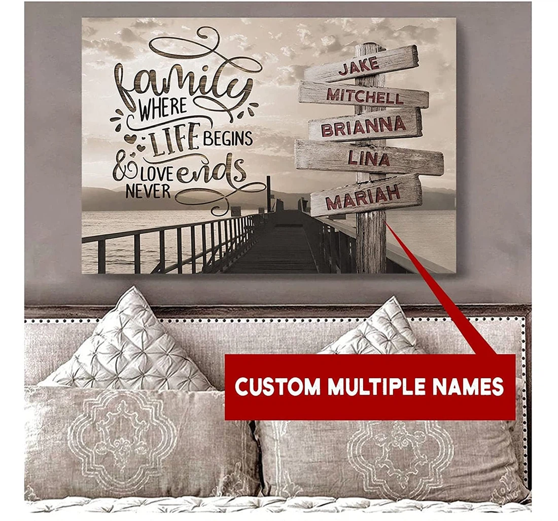 Poster, Canvas - Personalized Dock Sunset Sign Multi-names Where Life Begins Love Never Ends Print Framed Wall Art