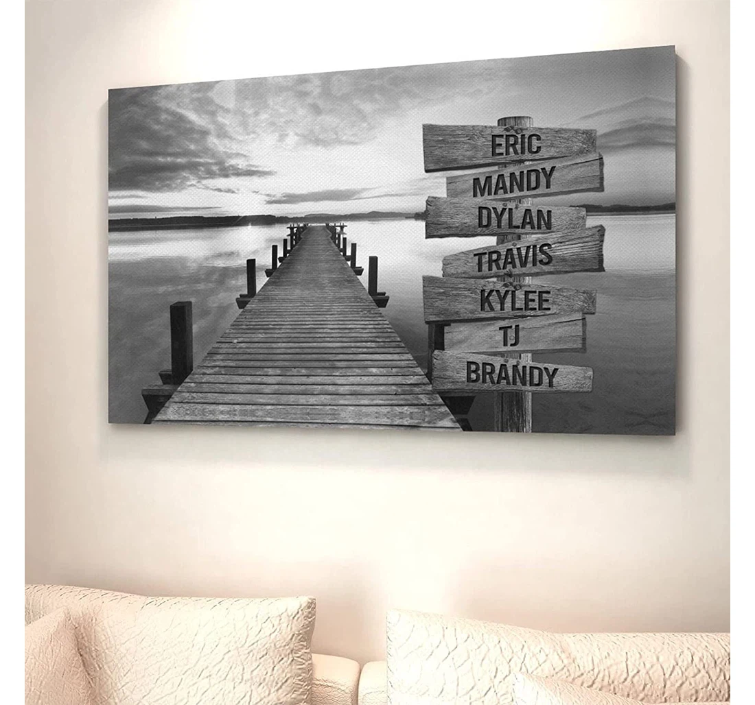 Poster, Canvas - Personalized Family Art, Sunset Lake Dock Name Custom Canvas Print Framed Wall Art