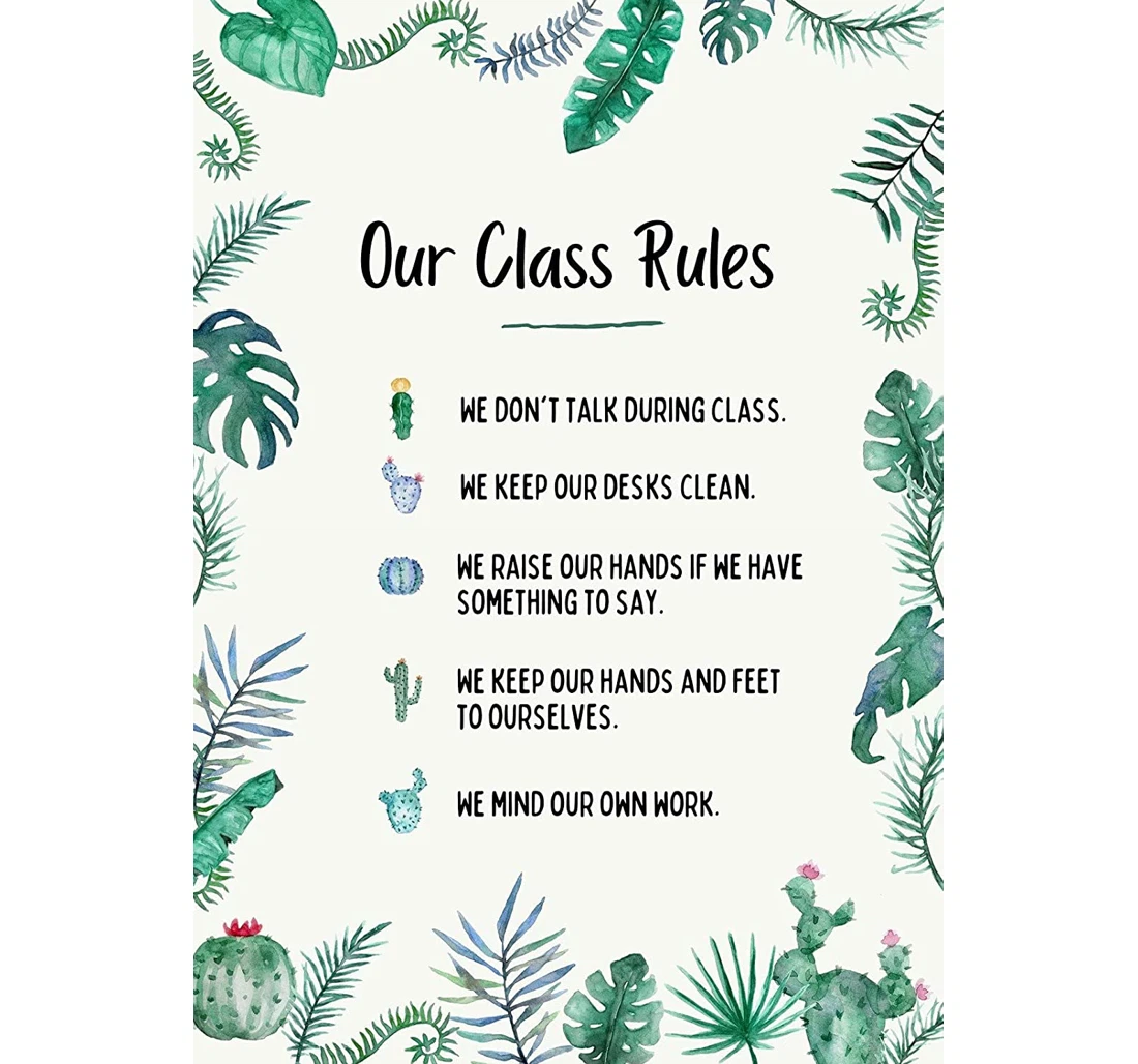 Poster, Canvas - Succulents And Cactus Rules And Learning Preschool, Homeschool, Playroom Back To School On Birthday, Print Framed Wall Art