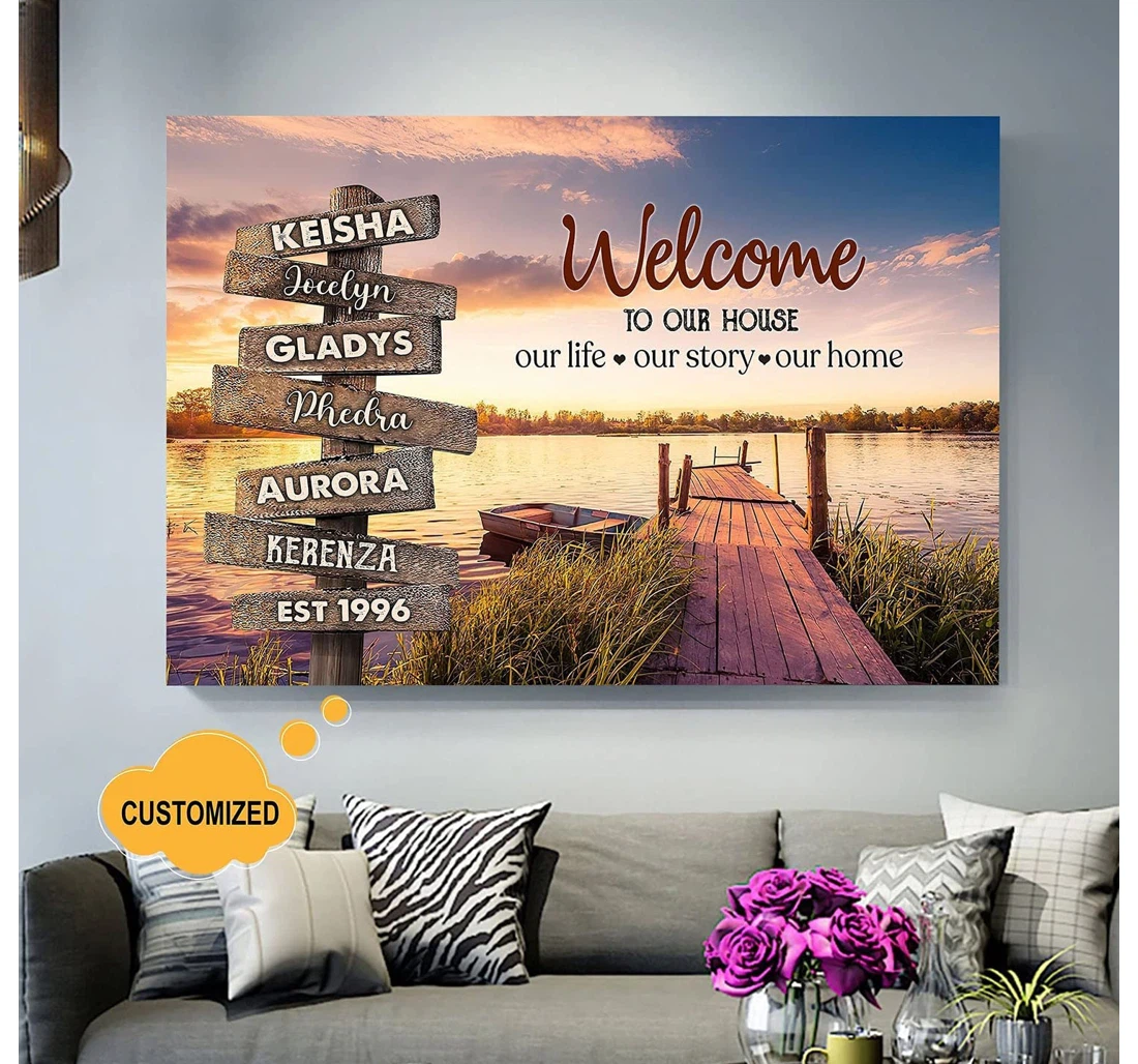 Poster, Canvas - Personalized Lake Dock Multi-name Art, Custom Names Gifts, Street Signs Print Framed Wall Art