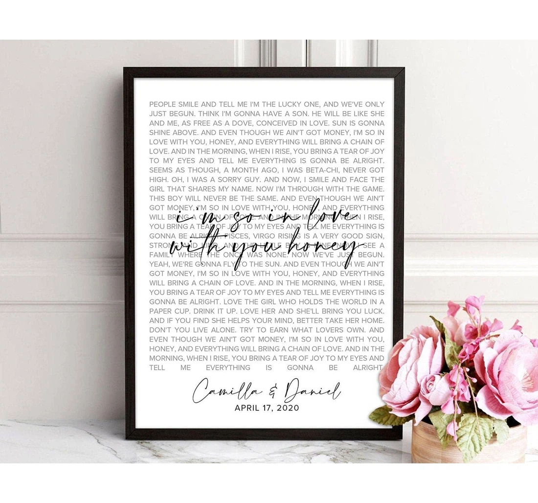 Poster, Canvas - Personalized Custom Name Date Custom Song Poem First Dance One Year Wedding Calligraphy Print Framed Wall Art