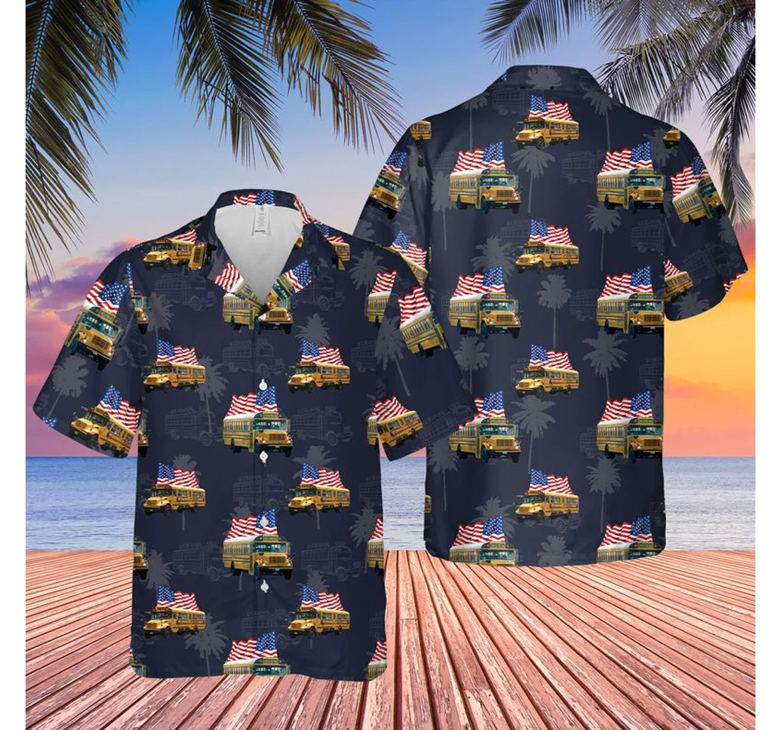 Personalized School Bus Independence Day Hawaiian Shirt, Button Up Aloha Shirt For Men, Women