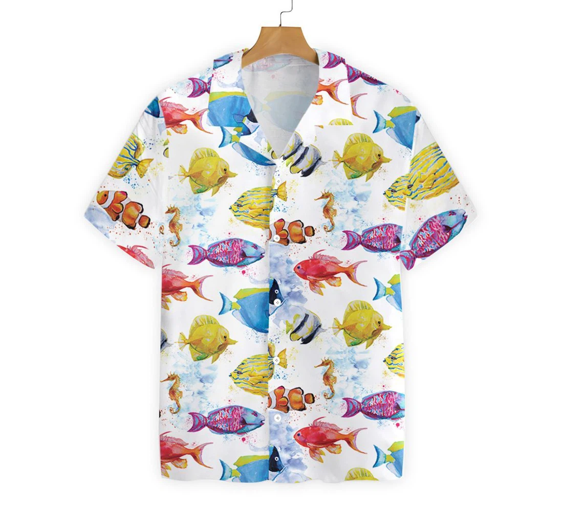 Personalized Fish Water Color Pattern Hawaiian Shirt, Button Up Aloha Shirt For Men, Women