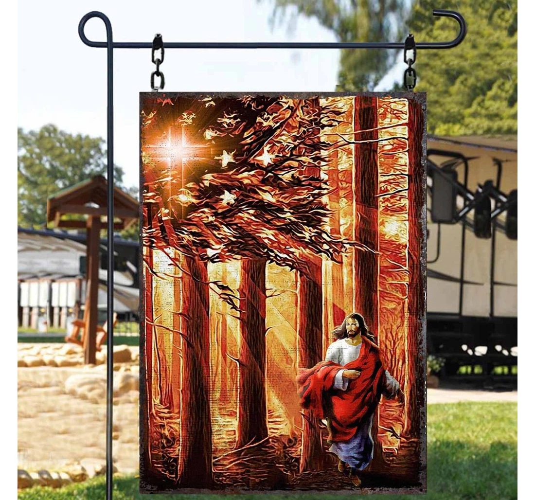 Jesus In Forest American Metal Signs Décor Independence Day Mjc039 Double-Sided, UV And Fade - Resistant Flag