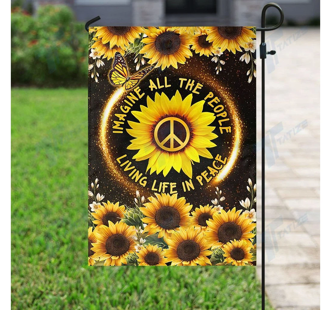 Hippie Imagine All The People Living Life In Peace Sunflower Peace Sign Double-Sided, UV And Fade - Resistant Flag