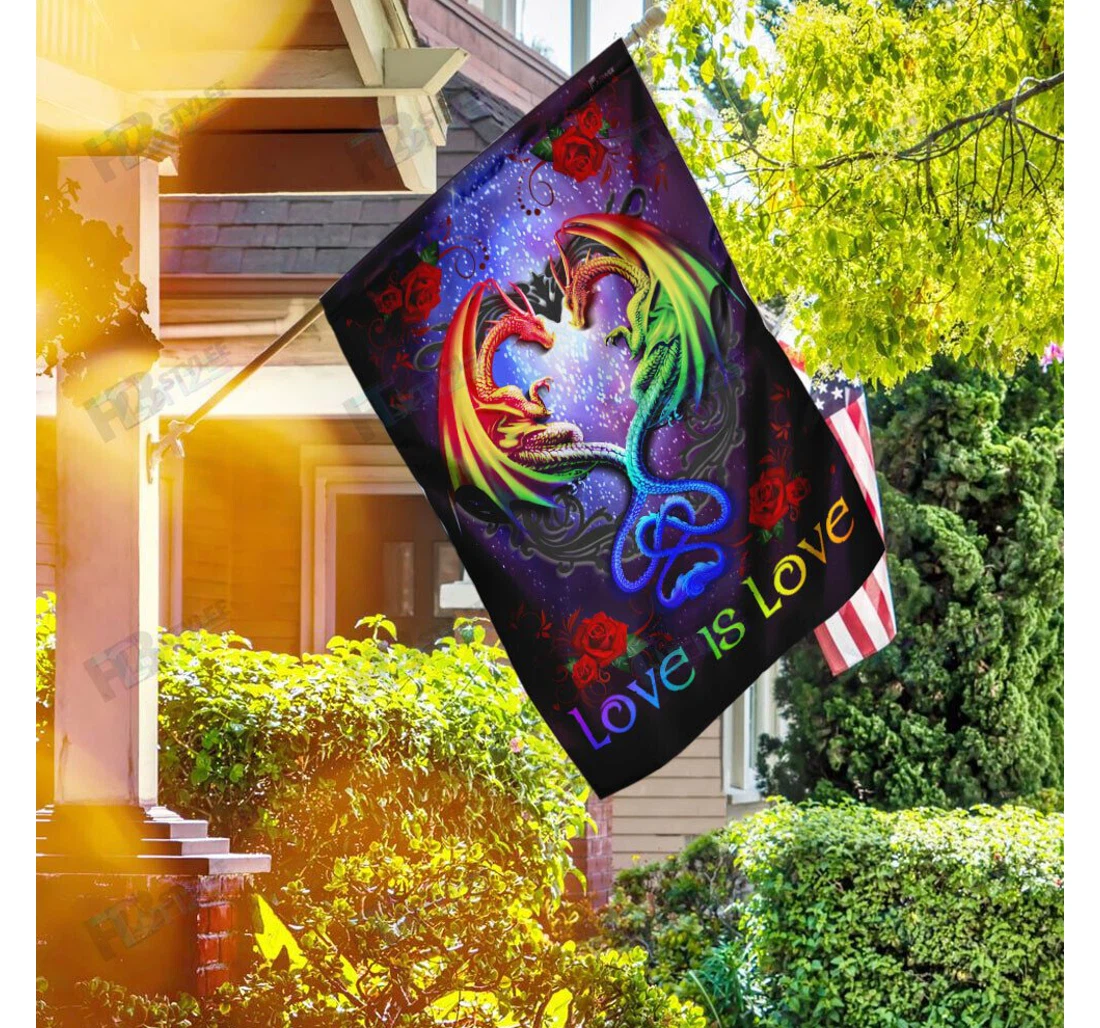 Love Is Love. Couple Dragon Lgbt Pride Double-Sided, UV And Fade - Resistant Flag