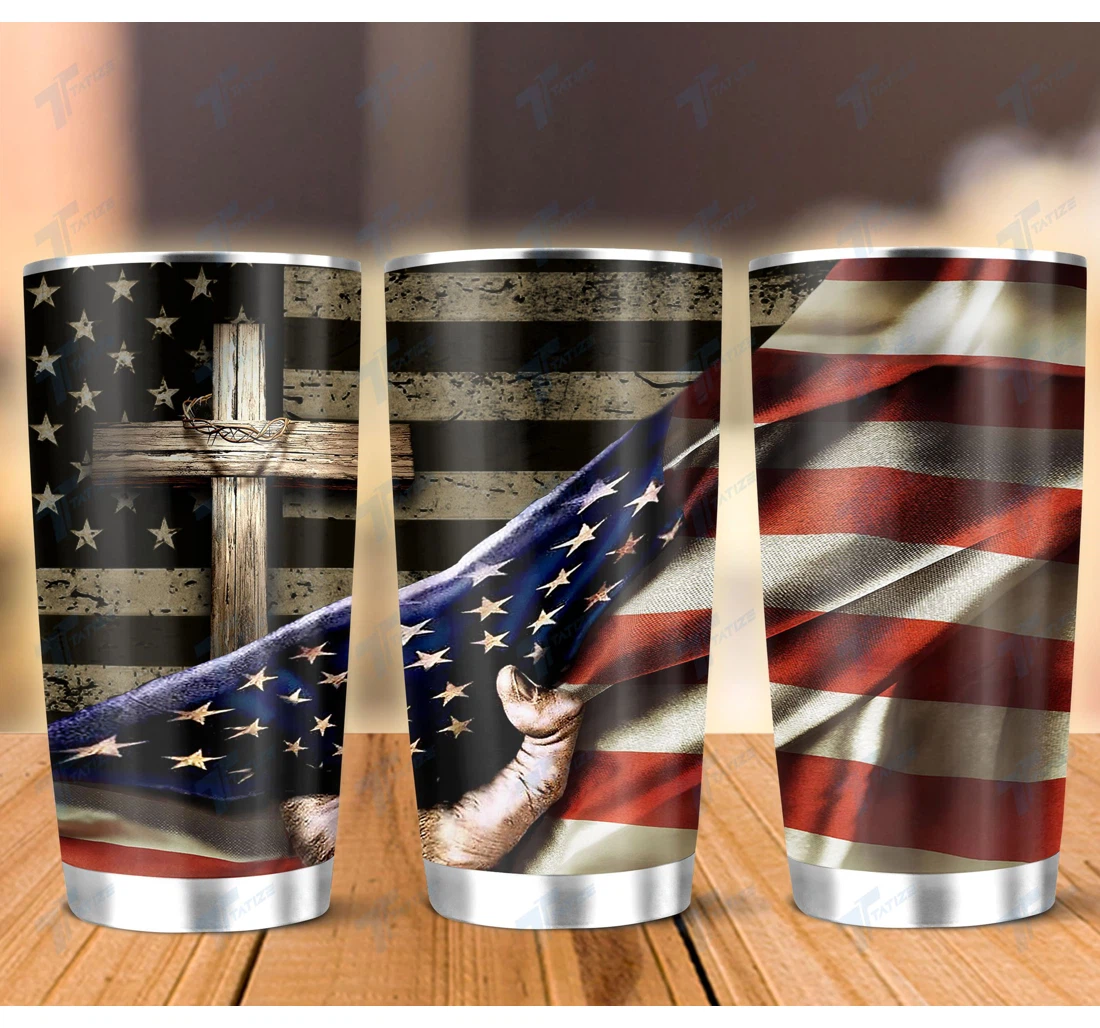 America With Wood Cross 20oz, 30oz Stainless Steel Tumbler Double-Sided, UV And Fade - Resistant Flag