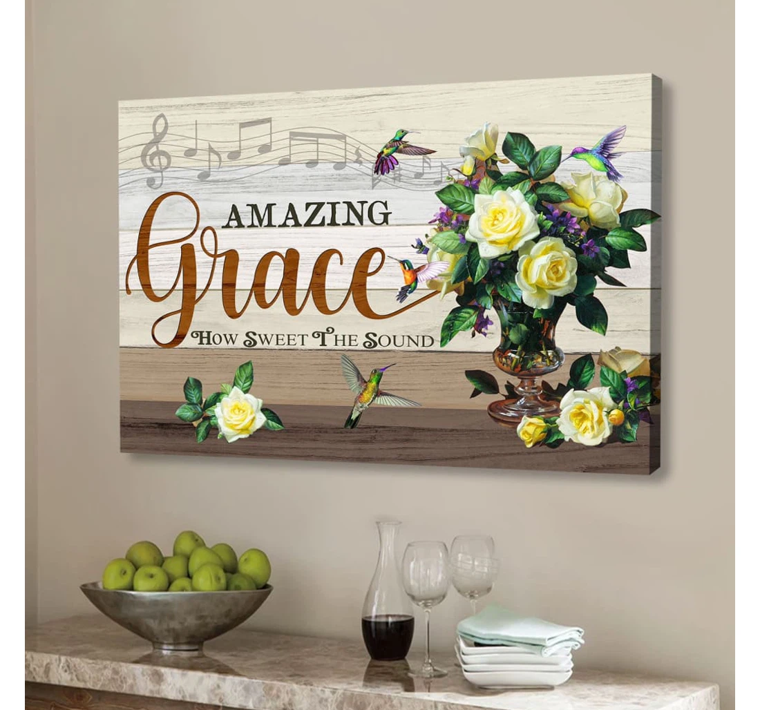 Poster, Canvas - Amazing Grace How Sweet The Sound Hummingbirds Flower Print Framed Wall Art