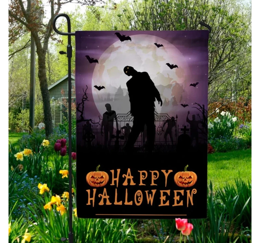 Bat Zombie Pumpkin Happy Halloween Halloween Purple Halloween Gifts Printed Both-Sides, UV And Fade - Resistant Flag