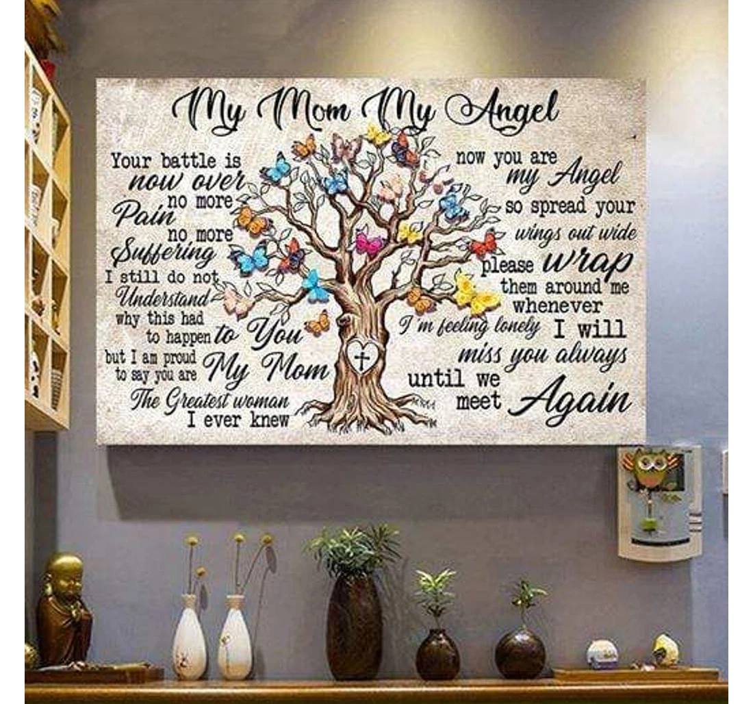 Poster, Canvas - My Mom, My Angel Butterfly Cross Tree V Print Framed Wall Art