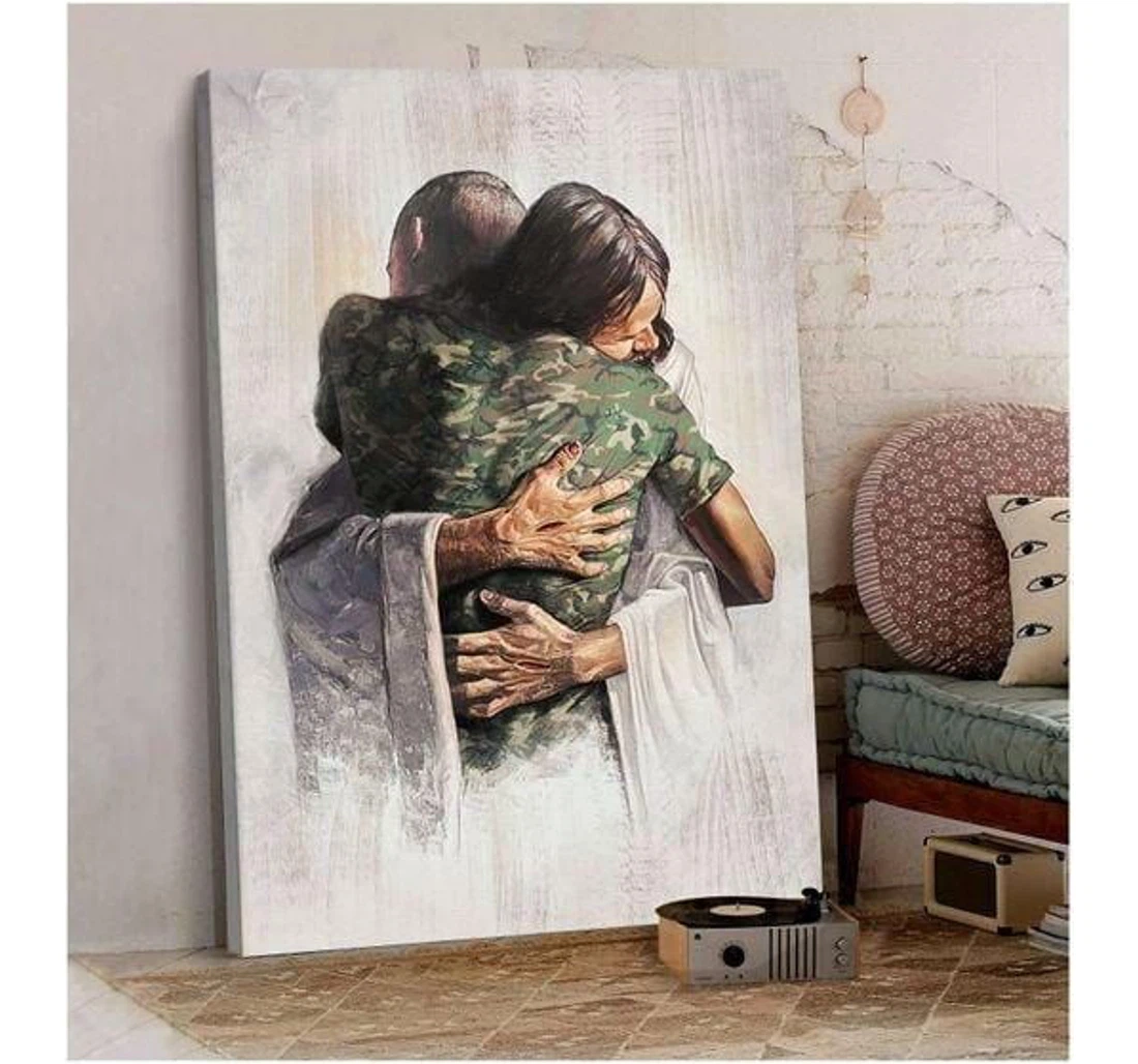 Poster, Canvas - Jesus God Hugs A Veteran V Print Framed Wall Art