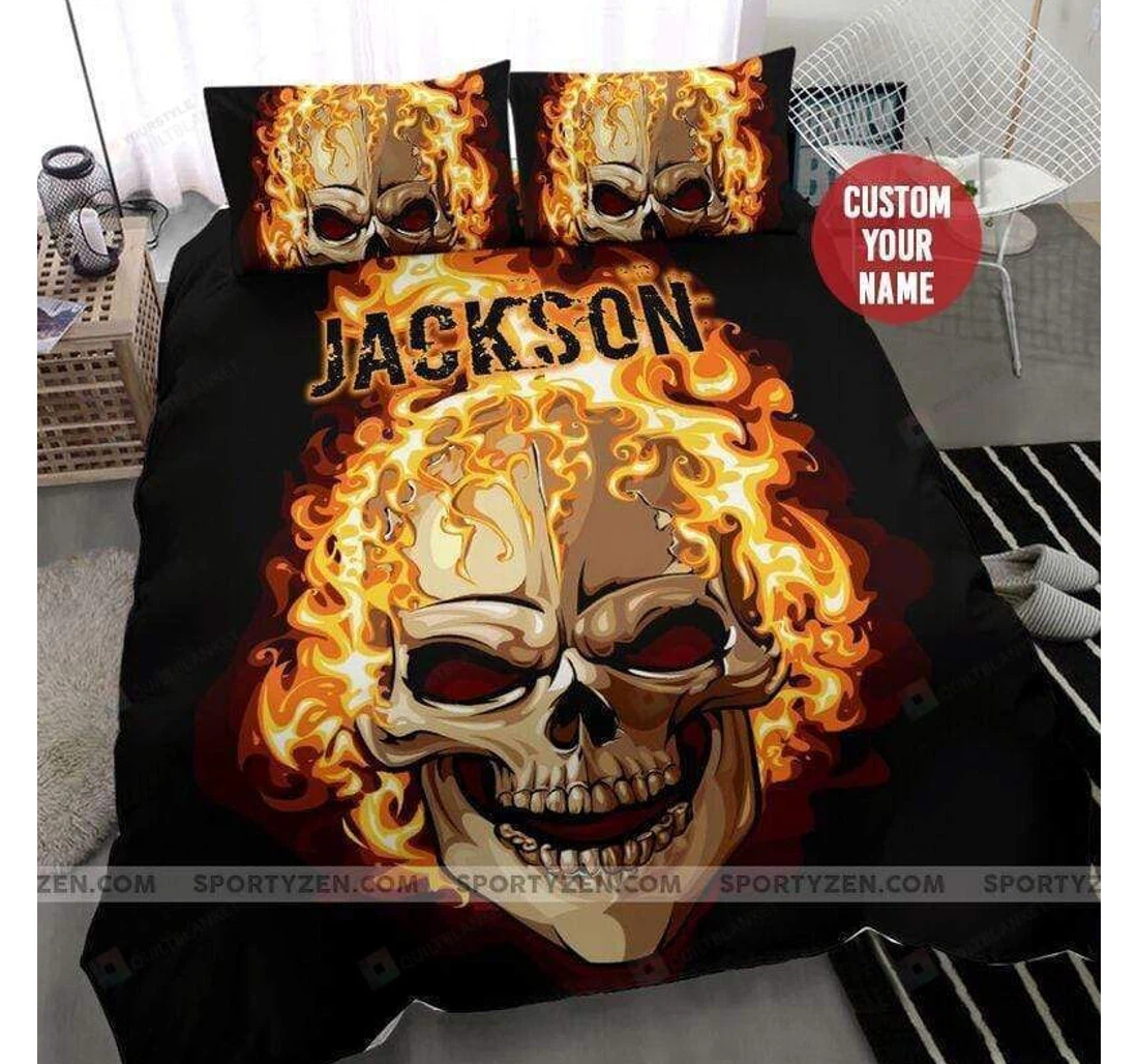 Bedding Set - Fire Skull Black Personalized Custom Name Included 1 Ultra Soft Duvet Cover or Quilt and 2 Lightweight Breathe Pillowcases