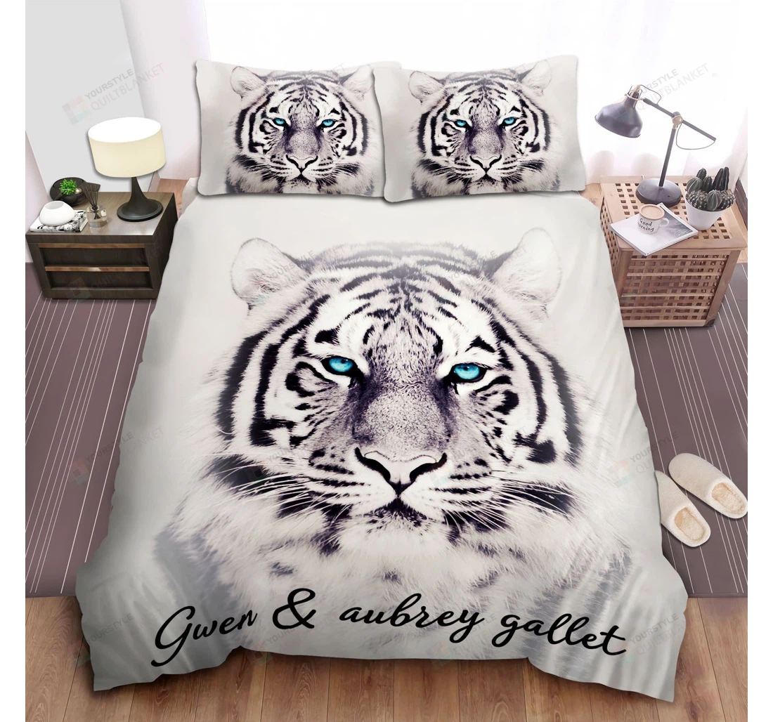 Bedding Set - White Tiger Face Personalized Custom Name Your Name Included 1 Ultra Soft Duvet Cover or Quilt and 2 Lightweight Breathe Pillowcases