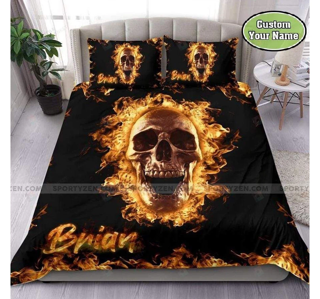 Bedding Set - Fire Golden Skull Personalized Custom Name Included 1 Ultra Soft Duvet Cover or Quilt and 2 Lightweight Breathe Pillowcases