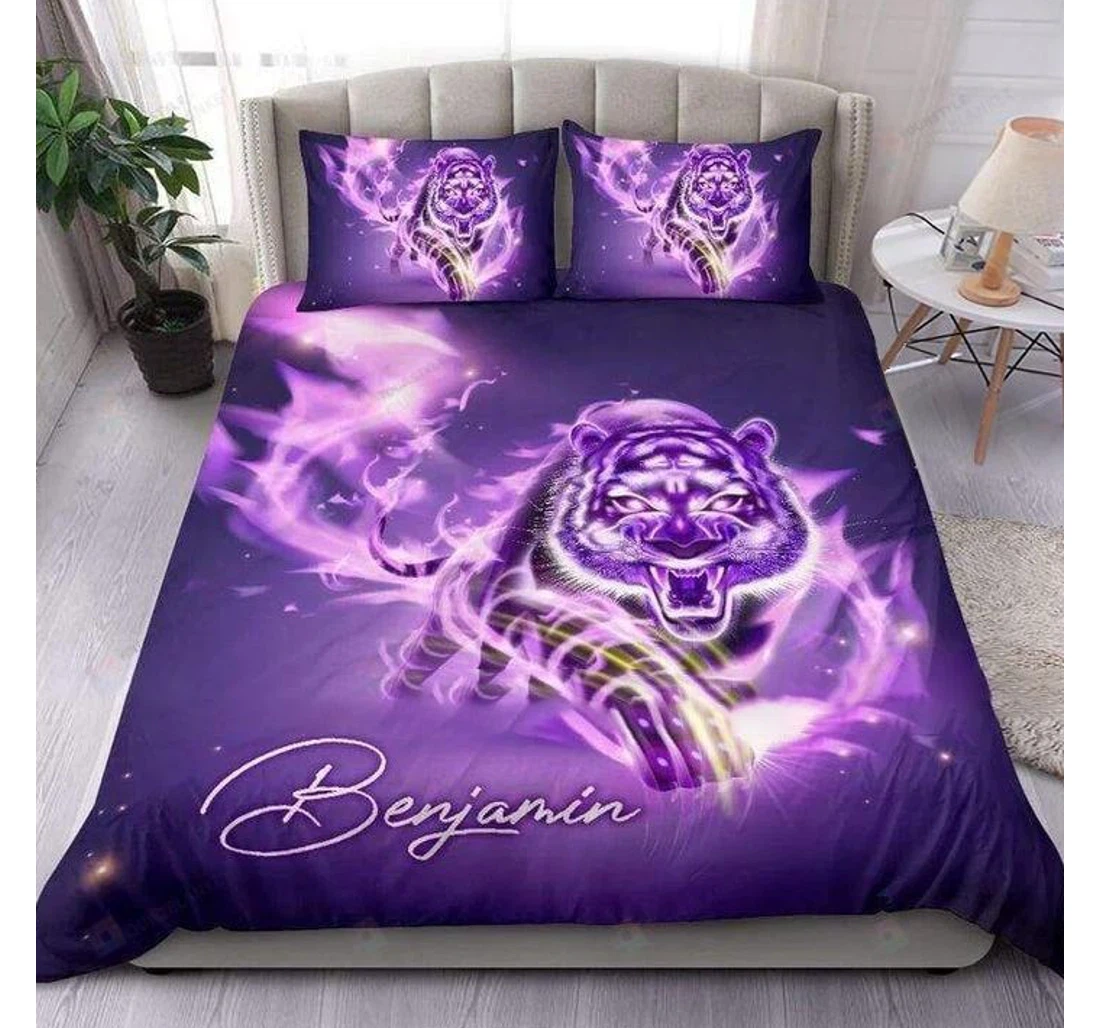 Bedding Set - Purple Light Tiger Personalized Custom Name Included 1 Ultra Soft Duvet Cover or Quilt and 2 Lightweight Breathe Pillowcases