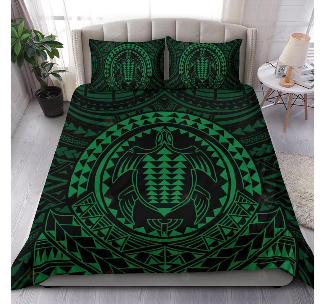 Bedding Set - Hawaiian Kakau Honu Arc Green Polynesian Cotton Spread Included 1 Ultra Soft Duvet Cover or Quilt and 2 Lightweight Breathe Pillowcases