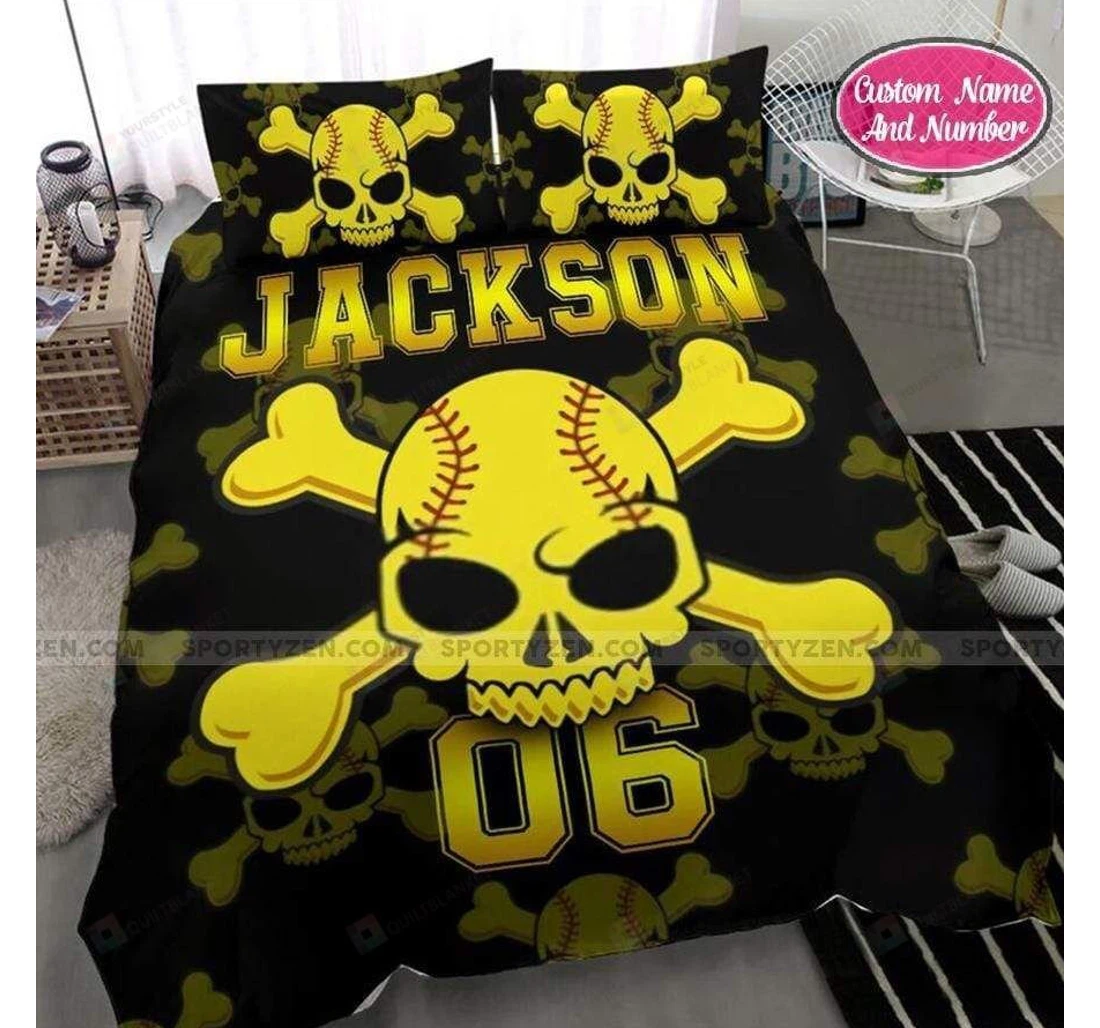 Bedding Set - Softball Skull Personalized Custom Name Number Included 1 Ultra Soft Duvet Cover or Quilt and 2 Lightweight Breathe Pillowcases