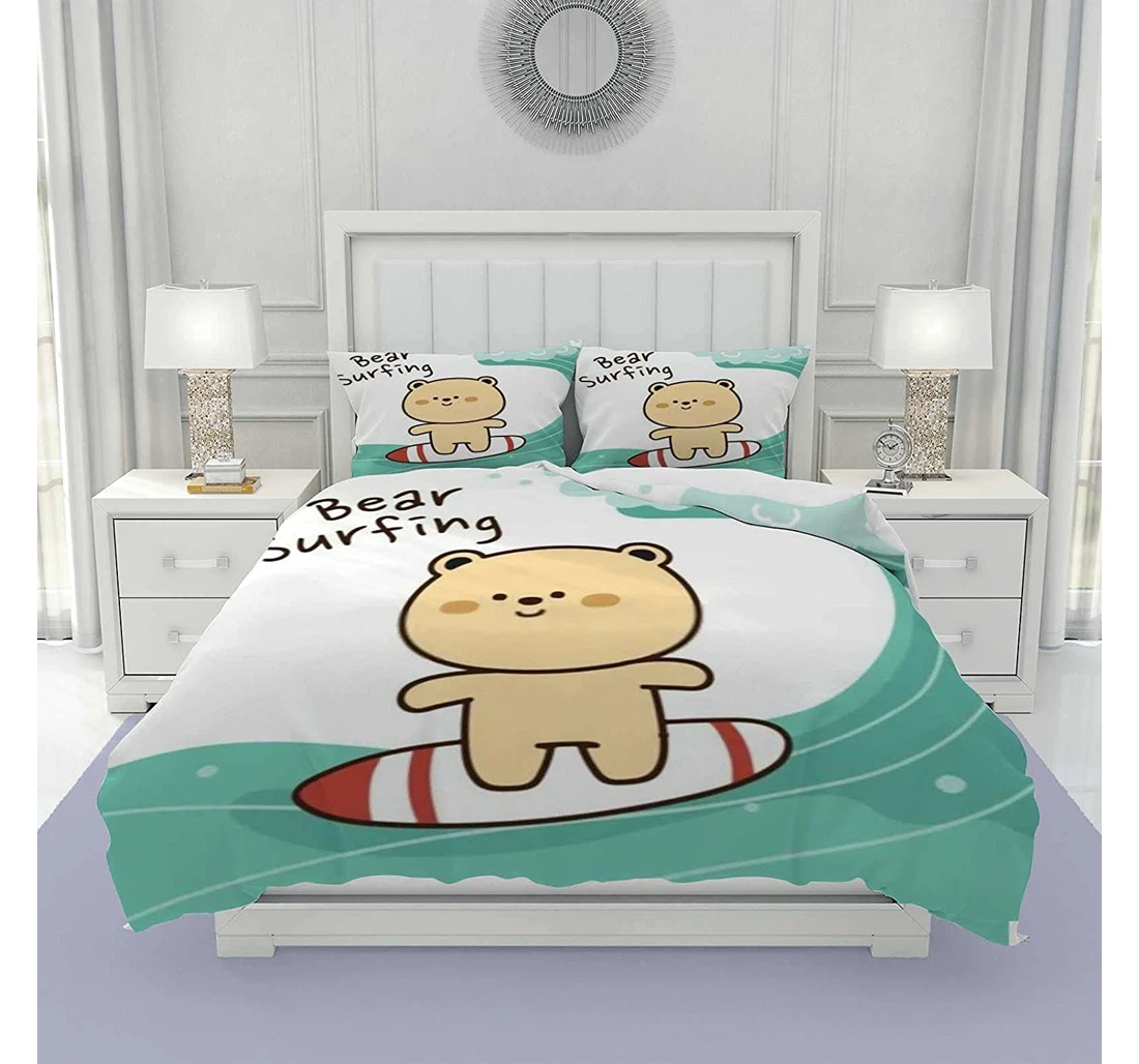 Bedding Set - Teddy Surfboard Cartoon Bear Surfing Summer Decorative Included 1 Ultra Soft Duvet Cover or Quilt and 2 Lightweight Breathe Pillowcases