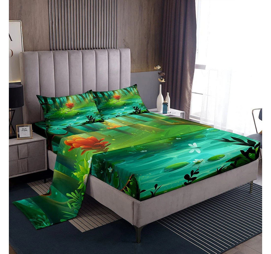 Bedding Set - Summer Pond Pcs,cartoon Dragonfly Insect Sheets,green Trees Lutus Flowers Fitted,1 Flat,2 Deep Pocket Included 1 Ultra Soft Duvet Cover or Quilt and 2 Lightweight Breathe Pillowcases