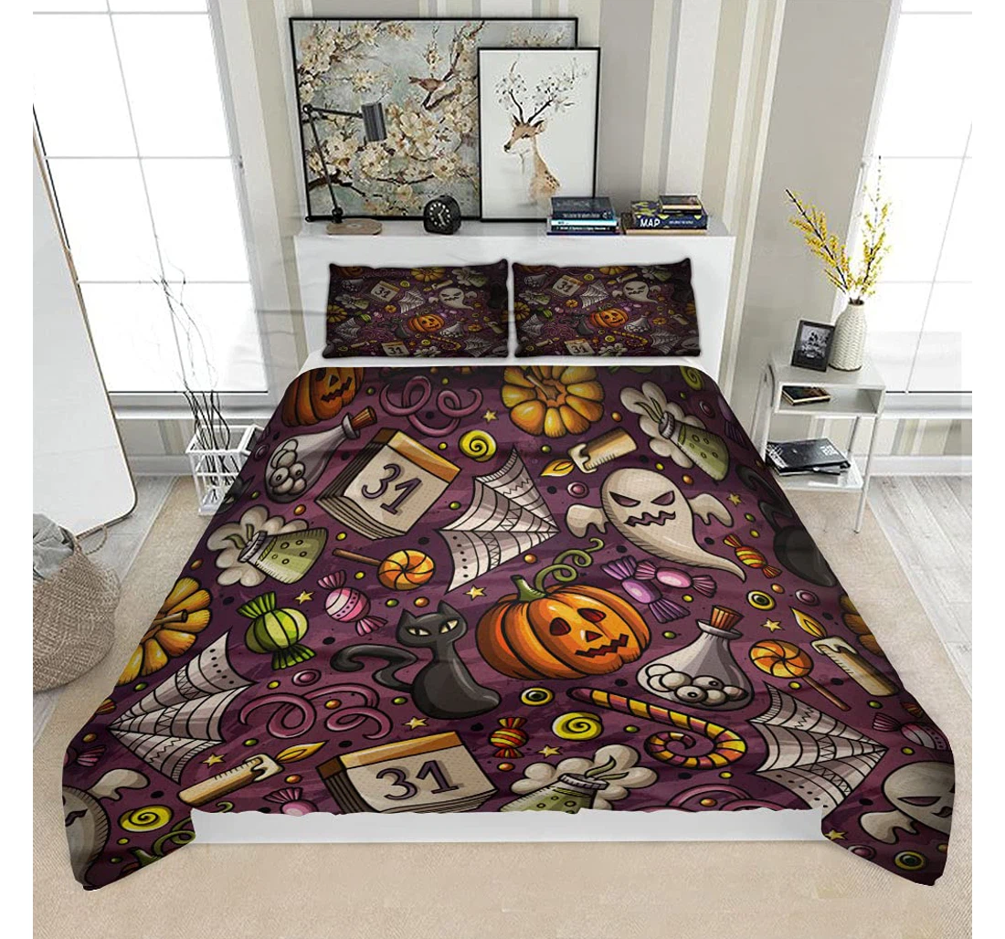 Bedding Set - Cartoon Cute Hand Drawn Halloween Solf Included 1 Ultra Soft Duvet Cover or Quilt and 2 Lightweight Breathe Pillowcases