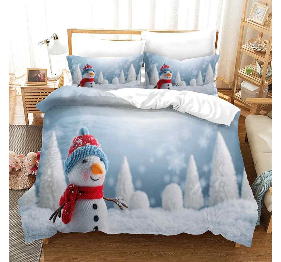 Bedding Set - White Cartoon Christmas Snowman Corner Ties Included 1 Ultra Soft Duvet Cover or Quilt and 2 Lightweight Breathe Pillowcases