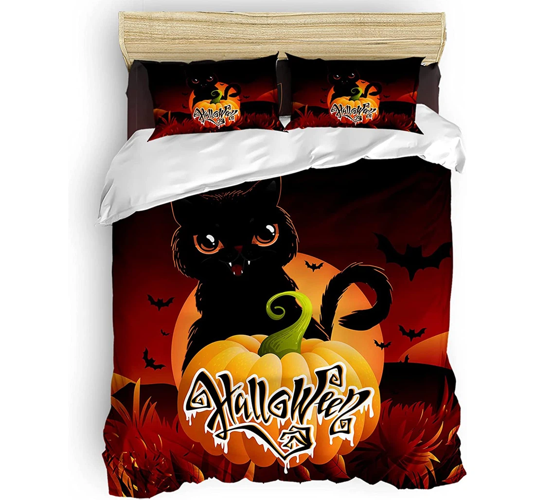 Bedding Set - Halloween Sets, Pcs Covers, Pumpkin Cartoon Black Cat Bat Included 1 Ultra Soft Duvet Cover or Quilt and 2 Lightweight Breathe Pillowcases