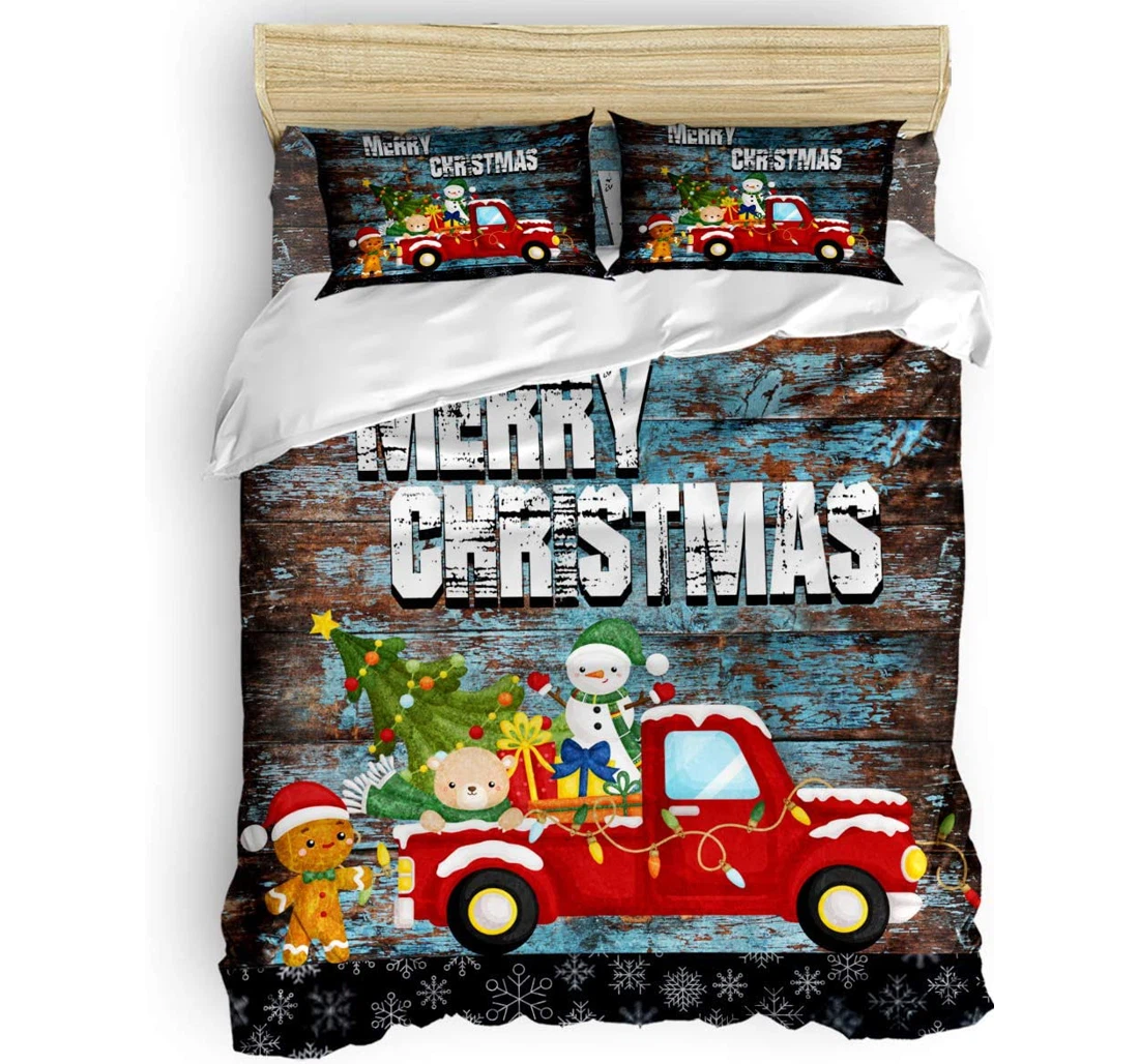 Bedding Set - Merry Christmas Including Corner Ties, Cartoon Snowman Bear Truck Christmas Tree Included 1 Ultra Soft Duvet Cover or Quilt and 2 Lightweight Breathe Pillowcases