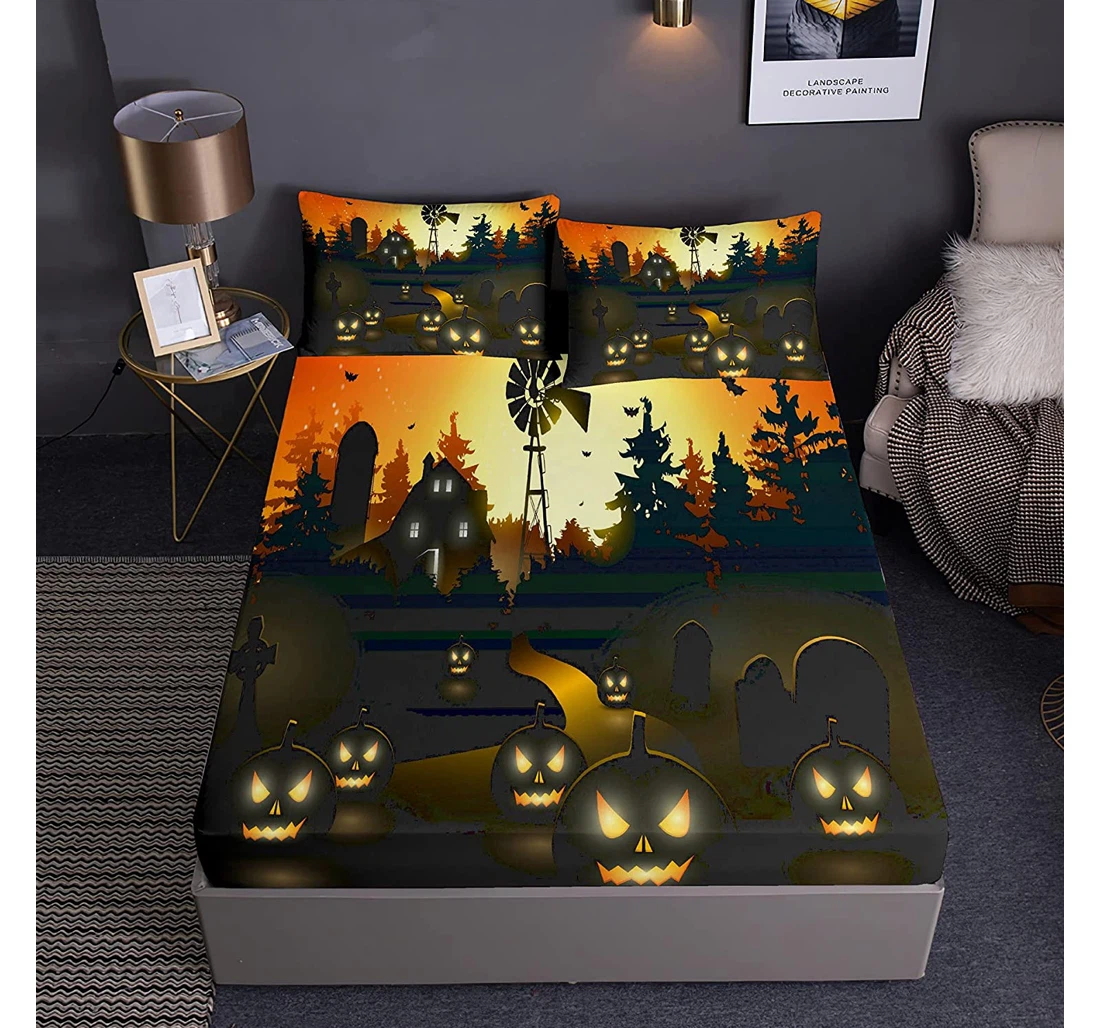 Bedding Set - Cartoon Scary Halloween Deco Horror Moon Night Bats Pumpkins Pillowshams Pcs B,twin X14" Included 1 Ultra Soft Duvet Cover or Quilt and 2 Lightweight Breathe Pillowcases