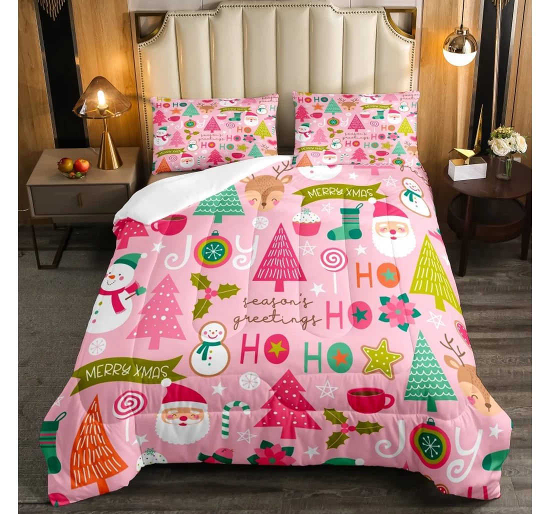 Bedding Set - Pink Christmas Cartoon Santa Claus Women, Snowman Pine Christmas Tree Cute Deer Down Included 1 Ultra Soft Duvet Cover or Quilt and 2 Lightweight Breathe Pillowcases