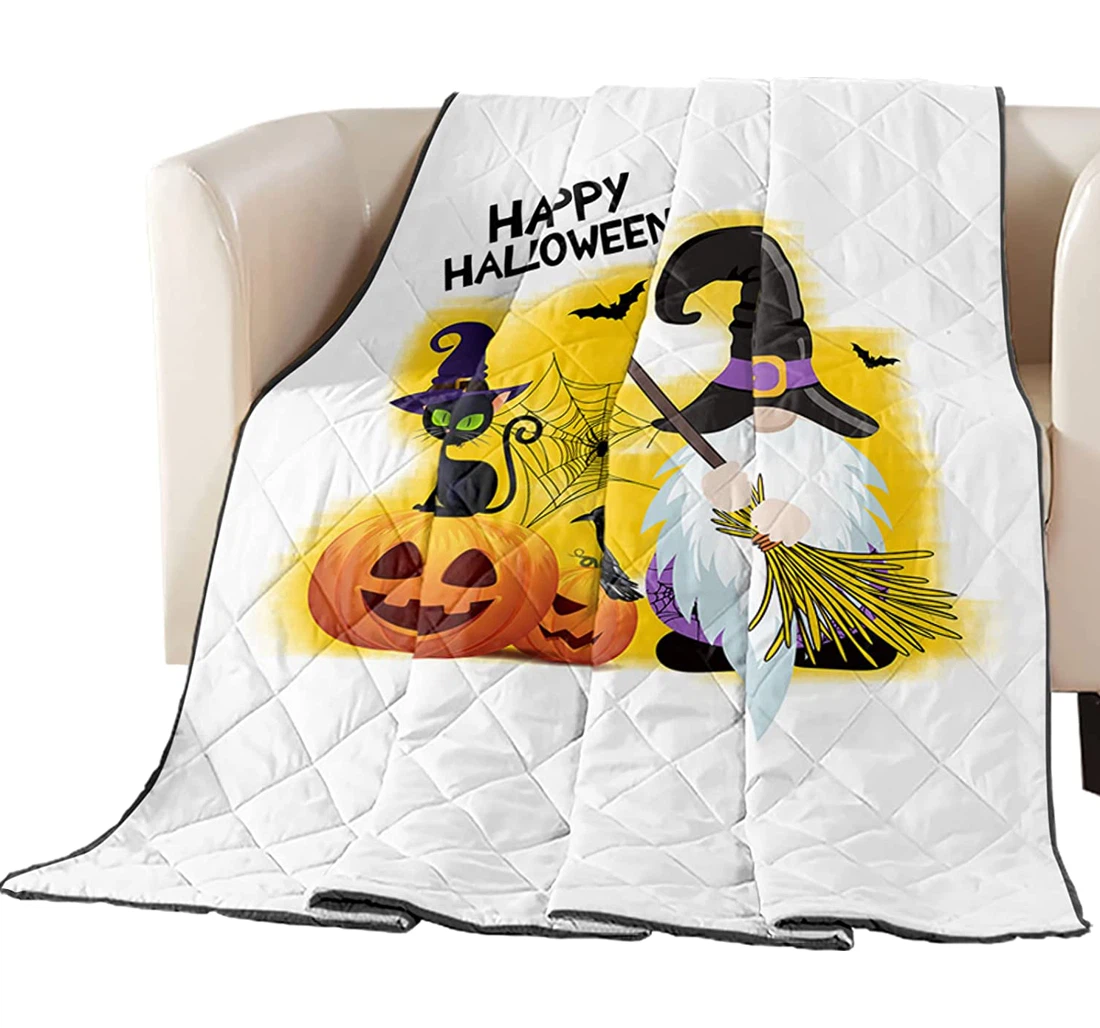 Bedding Set - Down Alternative Reversible Cotton Fill Quilted Halloween Orange Pumpkin Cartoon Black Cat,lightweight Insert,gnome Broom Included 1 Ultra Soft Duvet Cover or Quilt and 2 Lightweight Breathe Pillowcases