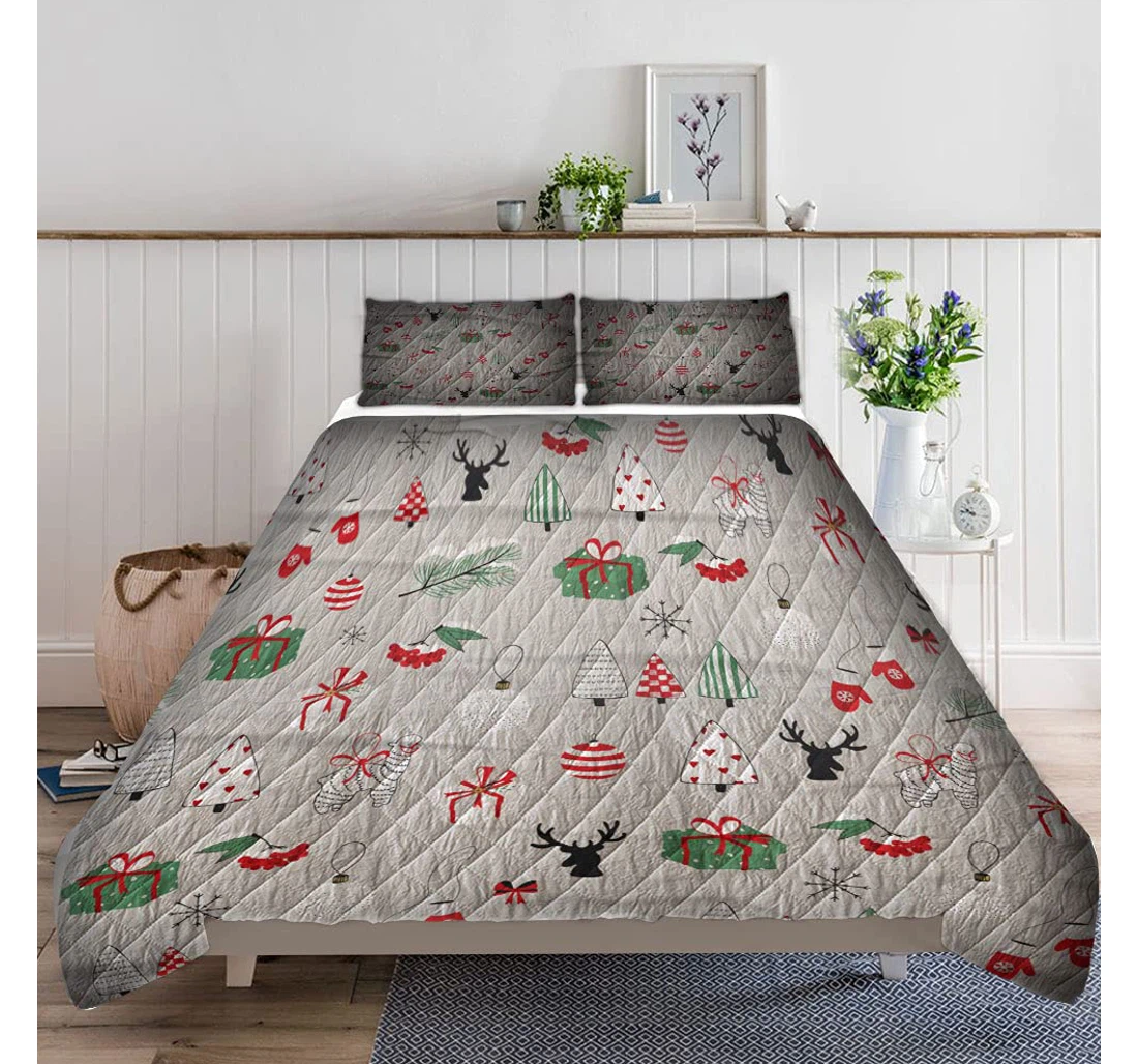 Bedding Set - Merry Christmas Cartoon Doodle Included 1 Ultra Soft Duvet Cover or Quilt and 2 Lightweight Breathe Pillowcases