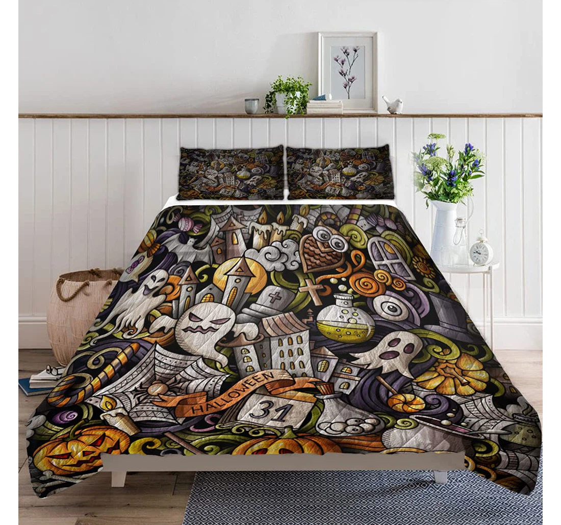 Bedding Set - Cartoon Cute Doodles Hand Drawn Halloween Included 1 Ultra Soft Duvet Cover or Quilt and 2 Lightweight Breathe Pillowcases