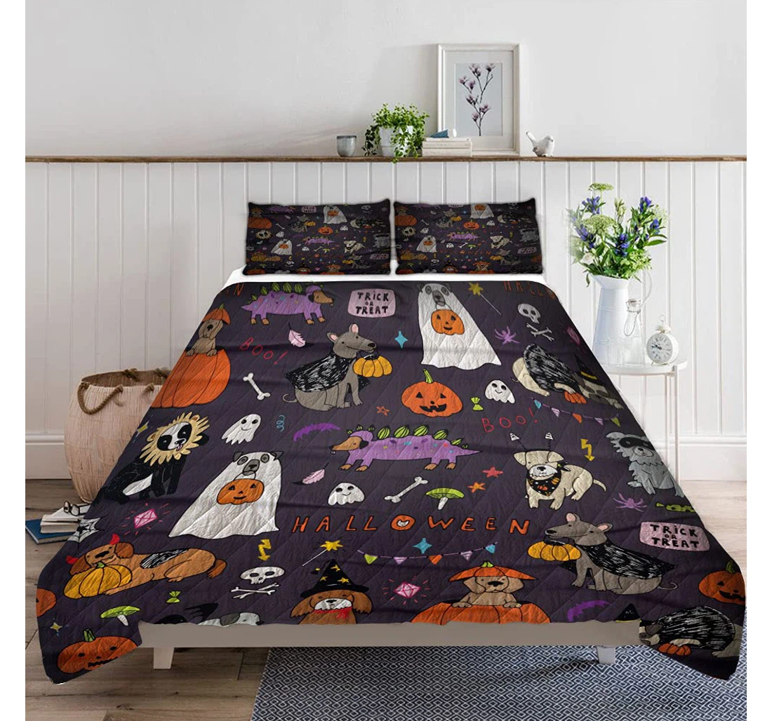 Bedding Set - Halloween Vector Cartoon Dogs Pattern Included 1 Ultra Soft Duvet Cover or Quilt and 2 Lightweight Breathe Pillowcases