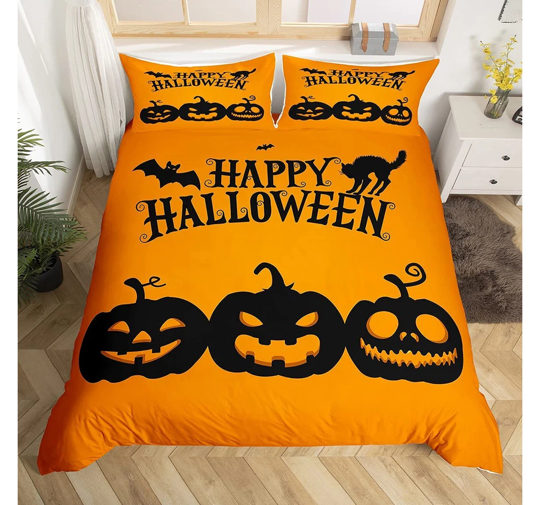 Bedding Set - Cartoon Pumpkin Halloween Theme Festival Room Decoration Black Pumpkin Lantern Orange Included 1 Ultra Soft Duvet Cover or Quilt and 2 Lightweight Breathe Pillowcases