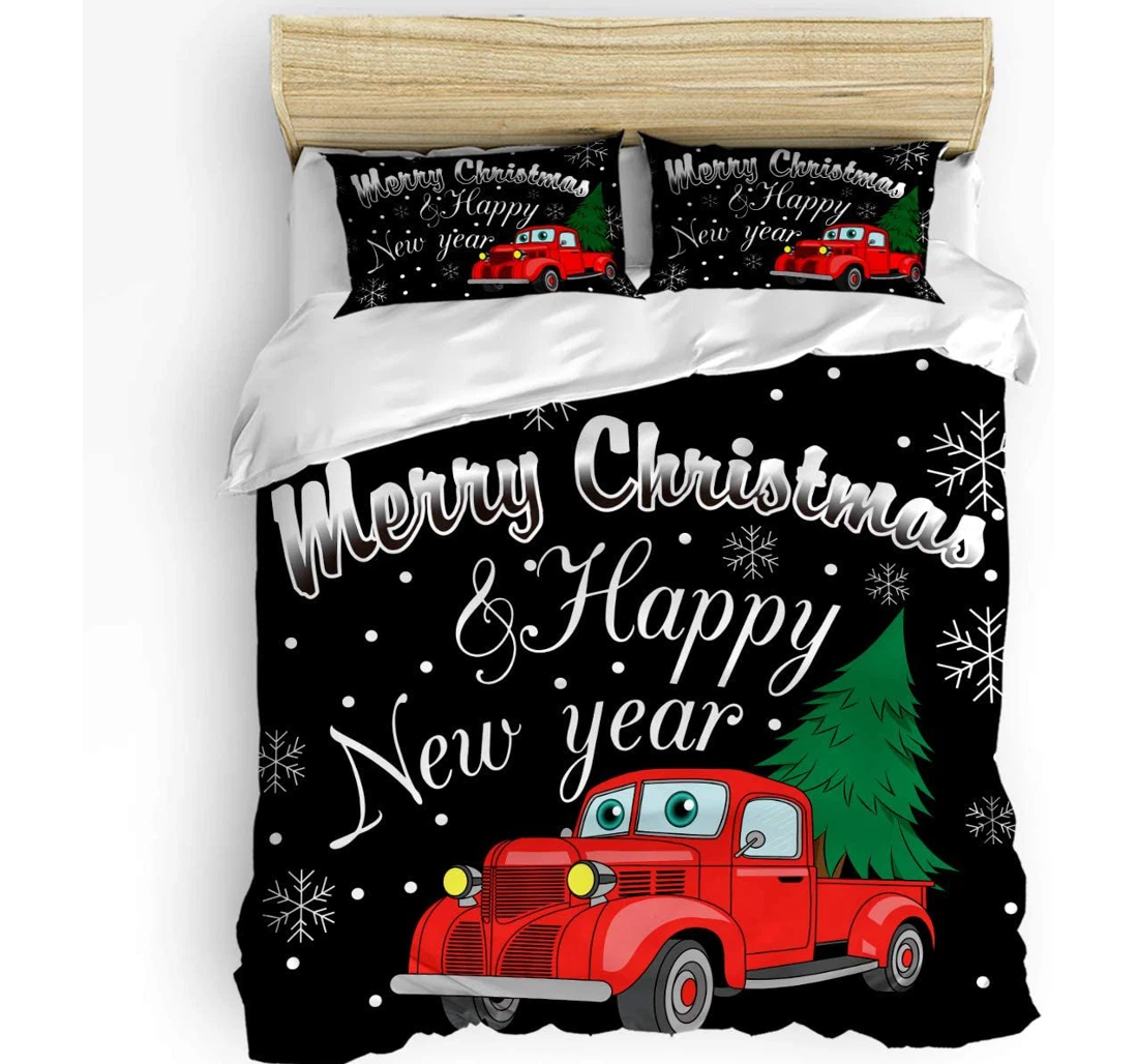 Bedding Set - Of Decorative Corner Ties, Merry Christmas Happy New Year Cartoon Car Included 1 Ultra Soft Duvet Cover or Quilt and 2 Lightweight Breathe Pillowcases