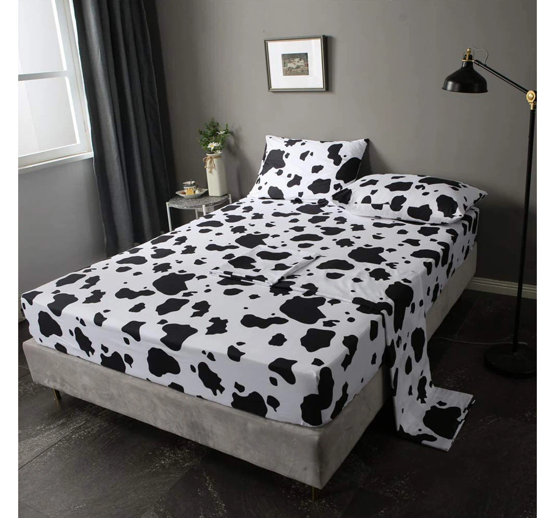 Bedding Set - Cows Black White Pattern 4pcs Milk Cow Animal Deep Pocket Cartoon Included 1 Ultra Soft Duvet Cover or Quilt and 2 Lightweight Breathe Pillowcases