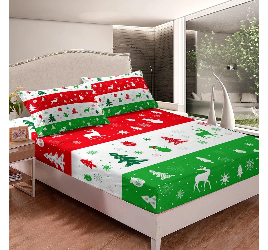 Bedding Set - Merry Christmas Christmas Tree Snowman Elk Gifts Cartoon Stripes Child Room Included 1 Ultra Soft Duvet Cover or Quilt and 2 Lightweight Breathe Pillowcases