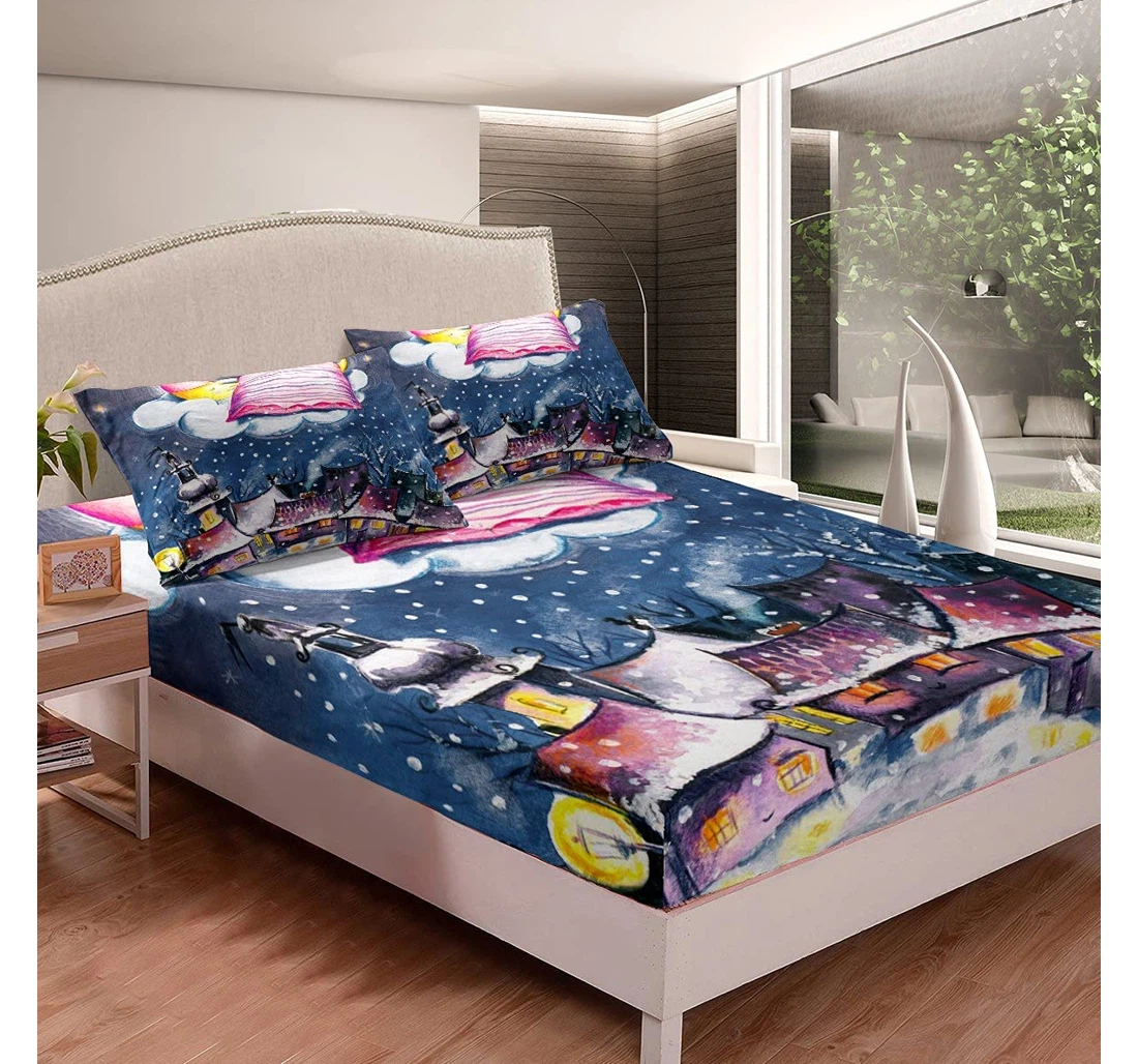 Bedding Set - Christmas Sleeping Moon Sweet Dream Cartoon Oil Painting Child Room Pink Blue Included 1 Ultra Soft Duvet Cover or Quilt and 2 Lightweight Breathe Pillowcases