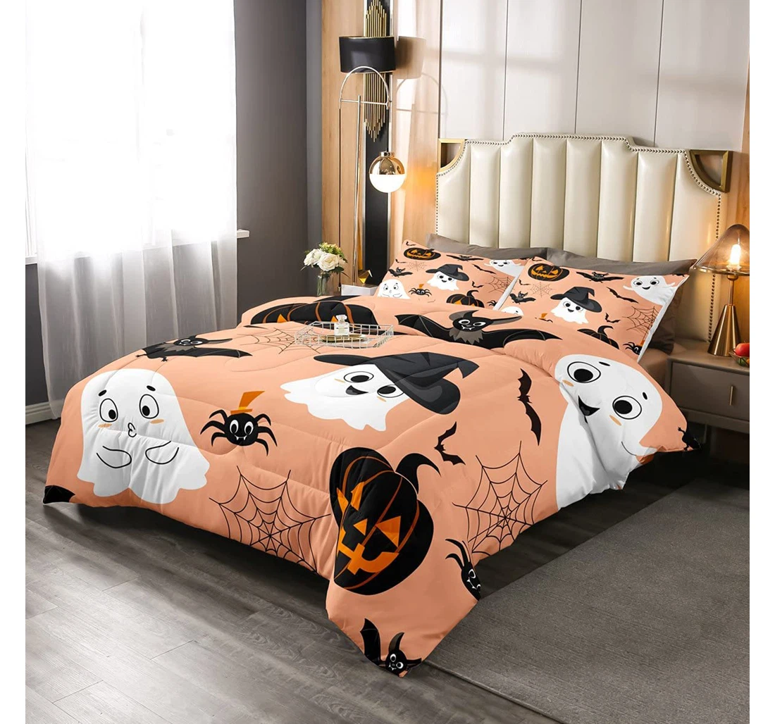 Bedding Set - Erosebridal Halloween Decorations Cartoon Gothic Spooky Cute Pumpkin Lantern Bat Spider Web Down Orange Included 1 Ultra Soft Duvet Cover or Quilt and 2 Lightweight Breathe Pillowcases