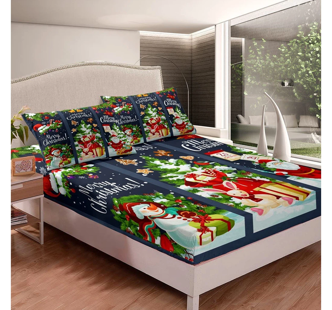 Bedding Set - Erosebridal Christmas Fitted Santa Claus Christmas Tree Snowman Cartoon Child Room Included 1 Ultra Soft Duvet Cover or Quilt and 2 Lightweight Breathe Pillowcases