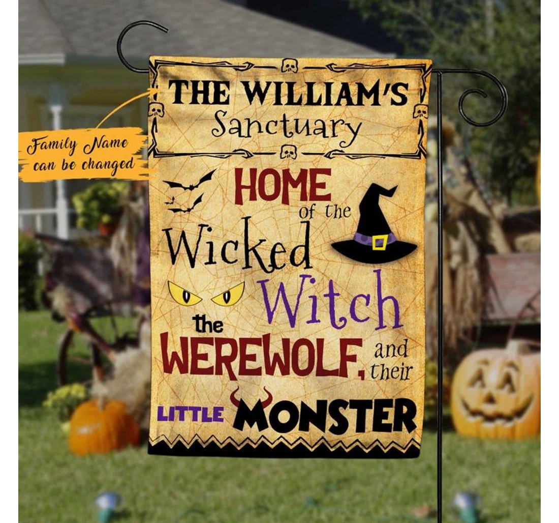 Halloween Gi Ideas, Halloween Family Sanctuary Of The Wicked Witch Little Monster Personalized Halloween Custom Printed Both-Sides, UV And Fade - Resistant Flag